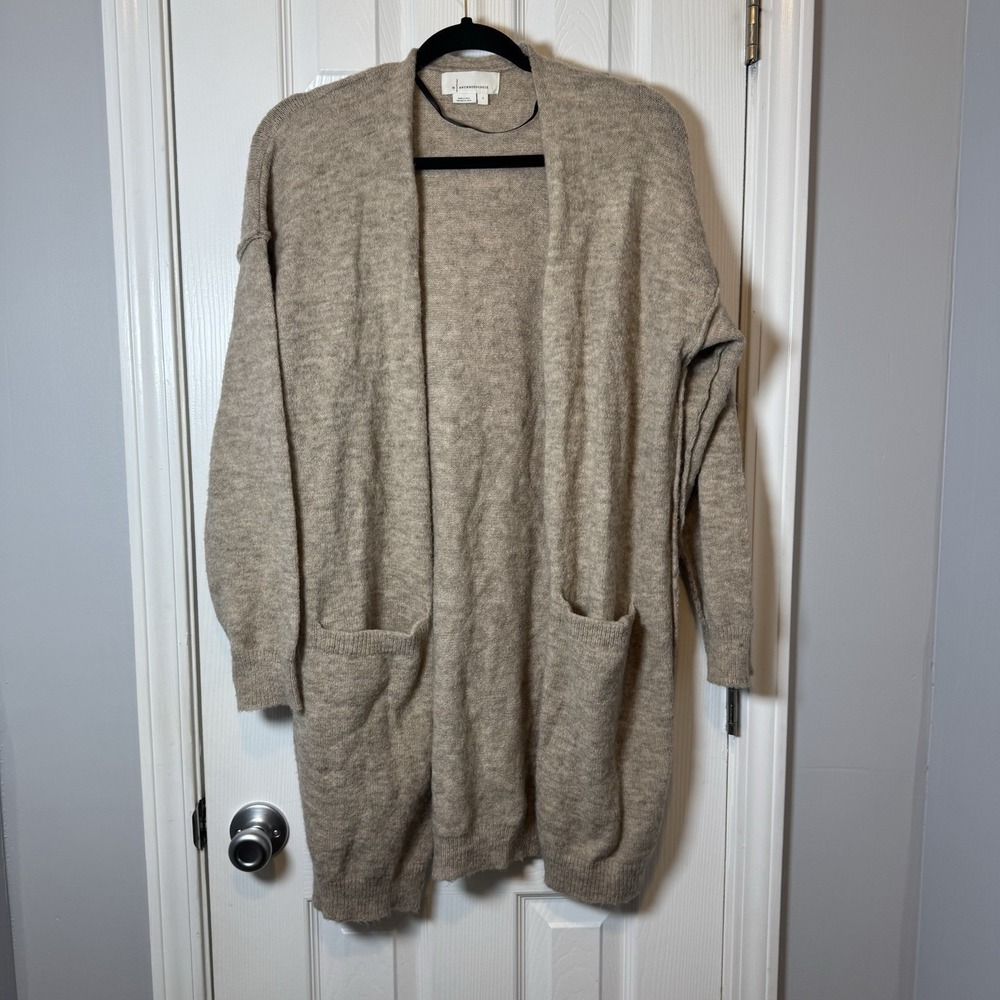 Anthropologie‎ Khaki Tan Open Front Cadigan With Pocket Sz Large Wool Blend